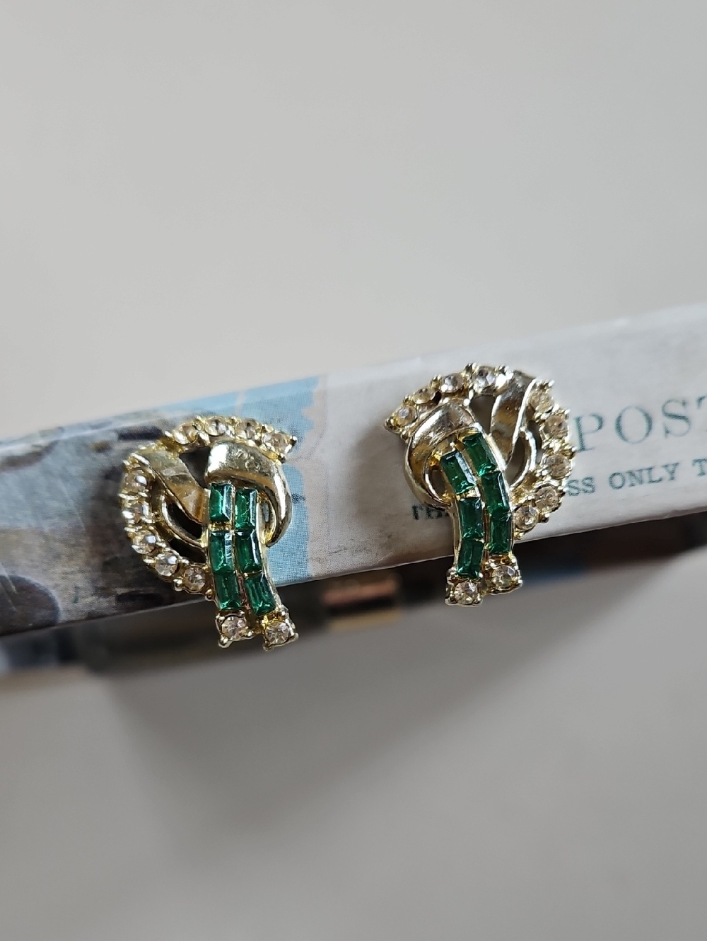 Silver Tone Earrings with Green Baguette Stones and Clear Rhinestones Screw On